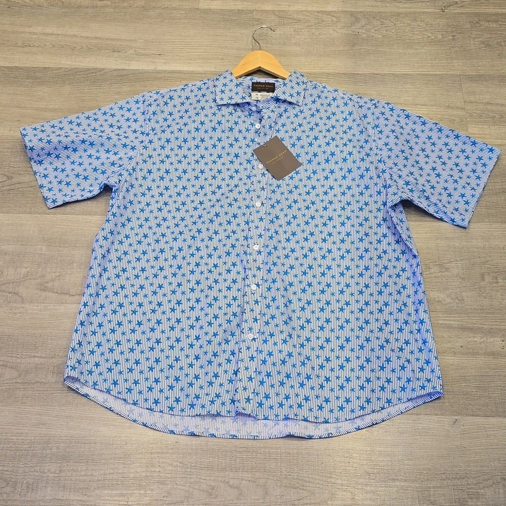 Thomas Dean Mens Button Front short sleeve, blue stars & stripe Shirt XXL - Picture 3 of 5